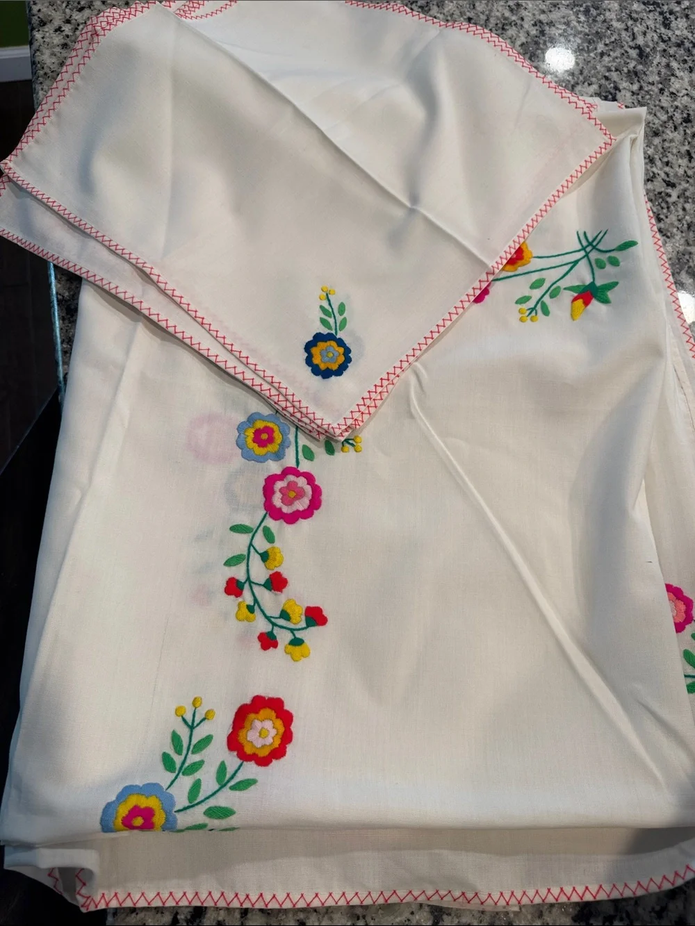 Vintage White Table Linen with Pink, Yellow, Blue & Green Floral Embroidery